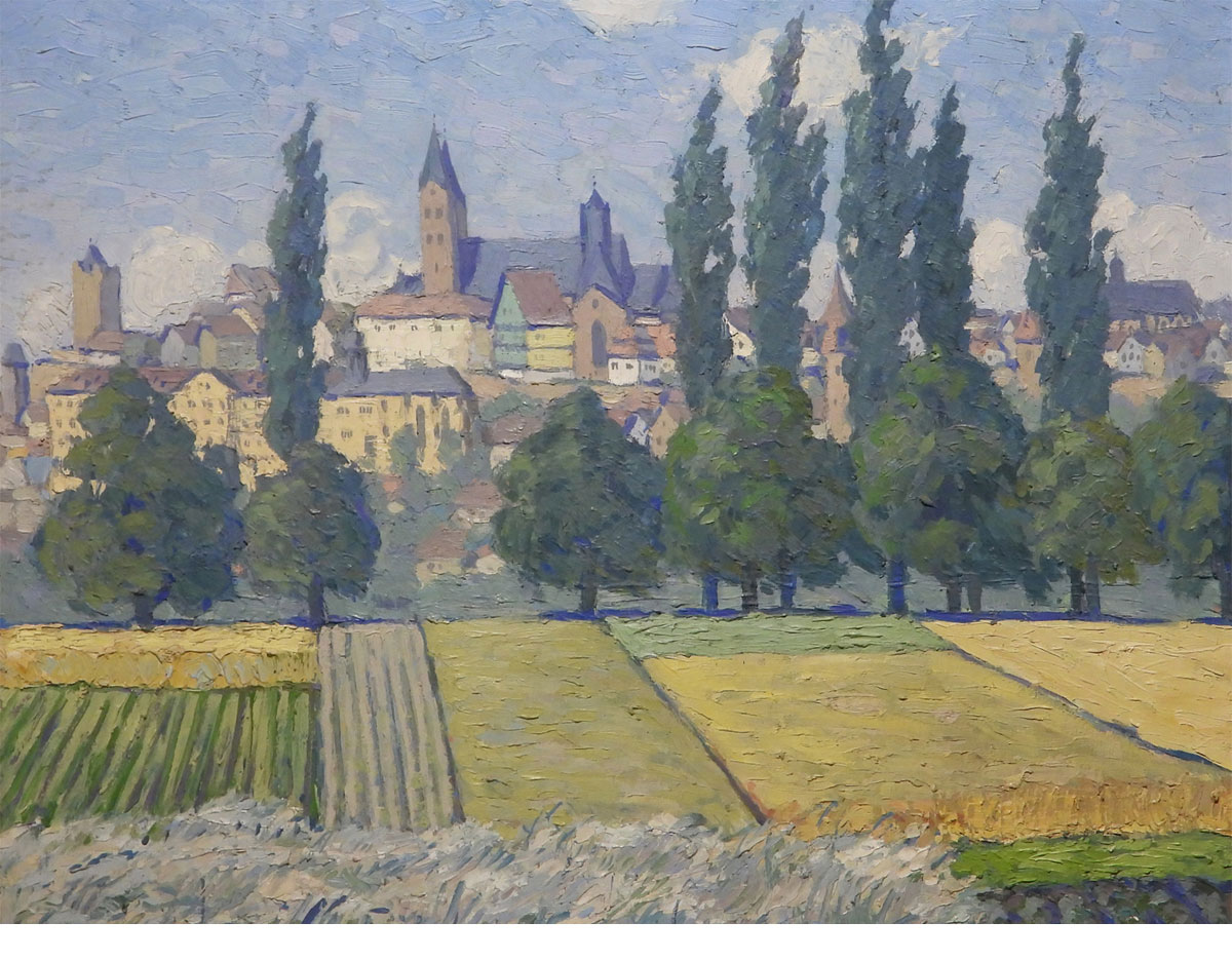 Heinrich Faupel, Fritzlar von Süden, im Hintergrund der Dom St. Peter, der Graue Turm, die Evangelische Stadtkirche und das Ursulinenkloster, Öl auf Leinwand, um 1940; Foto: Stadtarchiv Fritzlar